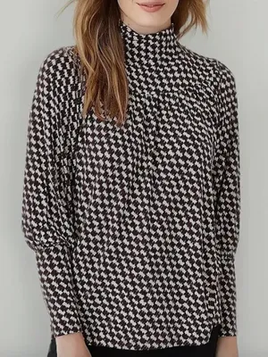 Ann Taylor Mock Neck Houndstooth Blouse Burgundy Cream Medium NWT Popover thumbnail 1