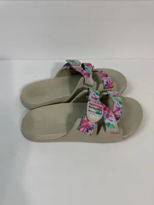Chaco Neutral Footbed Slide Sandals with Pink, Green & Blue Tie-Dye Straps thumbnail 3