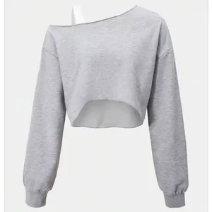 Shein Women’s S Asymmetrical Sweatshirt Gray Long Sleeve Cropped Top Raw Edge thumbnail 1