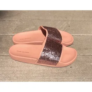 Stuart Weitzman Pink Glitter Slide Sandals Womens 9 Rose Gold Sparkle Flat Shoes thumbnail 4
