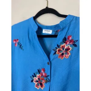 Kindred Womens Floral Embroidered Button Up Shirt Top Size‎ 1X Boho Blue Cottage thumbnail 4