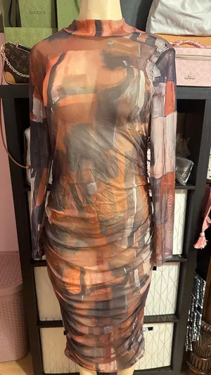 SHEIN Rust Multi Sheer Mesh Long-Sleeve Bodycon Dress thumbnail 1