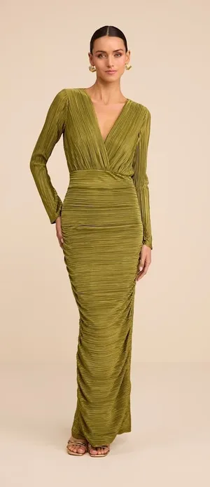 Lulus Seren Olive Green Plisse Surplice Maxi Dress Formal Long Sleeve Small NWT thumbnail 1