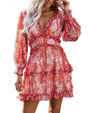 NEW Deep V Neck Long Sleeve Ruffle Layer A-Line Swing Mini Dress L thumbnail 1