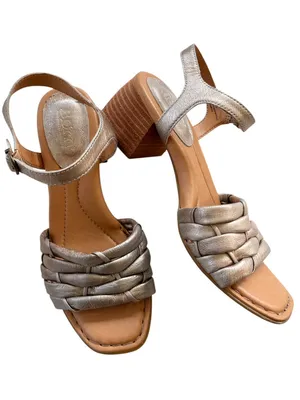 EUC Born Leather Shonie Heeled Sandals Gold Size 8 Retail $130.00 thumbnail 1