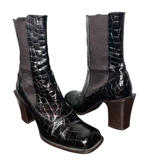 VTG Michael Perry Dark Brown Leather Crocodile Square Toe Block Heel Ankle Boots thumbnail 1