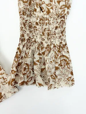Cleobella Reza Blouse Peasant Tamil Block Print Floral Cotton Boho Brown Ivory thumbnail 10