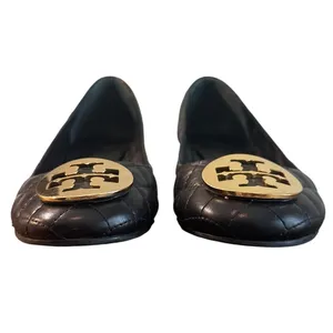 Tory Burch Claire Quilted Block Heel Pumps Black Gold Logo Leather Size 8 thumbnail 3