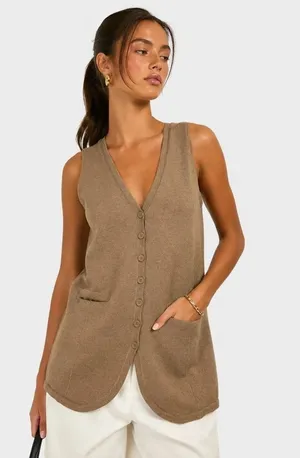 Zara L Knit Vest Top longline V-neck button-up front sleeveless sweater linen thumbnail 1