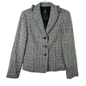 Apostrophe Wool Blend Tweed Blazer Jacket‎ Black White Fringe Trim Size 8 Office thumbnail 1