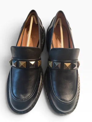 Linea Paola Black Studded Platform Leather Loafer Sz 9.5M thumbnail 2