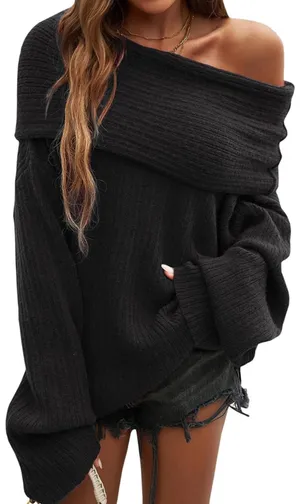 Women’s Black Off-Shoulder Ribbed Sweater thumbnail 1