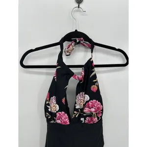 Cupshe Womens One‎ Piece Swimsuit Black Floral Halter Ruched Keyhole Size 2X NWT thumbnail 4