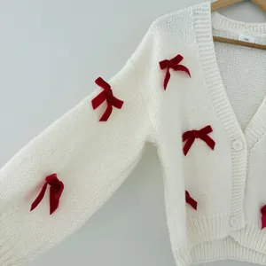 Luna Ivy Cardigan Sweater XS Cream Red Velvet Bows Coquette Balletcore Chunky thumbnail 4