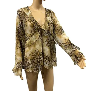 Simonton Says by George Simonton Animal Print Ruffled Kimono QVC Blouse Medium thumbnail 5