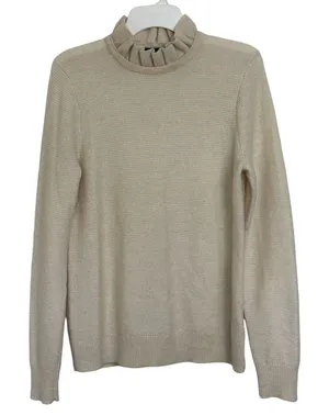 J Crew Alpaca Blend Cream Ruffle Neck Pullover Sweater L Minimal Preppy Classic thumbnail 1