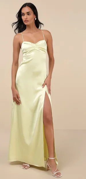 NWT Lulus Stunning Example Light Yellow Satin Backless Maxi Dress Bridesmaid M thumbnail 1