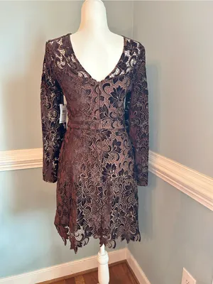 Kensie Chocolate Brown Floral Lace V-Neck Long Sleeve Dress thumbnail 2