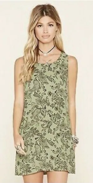 Forever 21 Womens Size XS Sleeveless Swing Dress Green Black Paisley Exposed Zip thumbnail 1