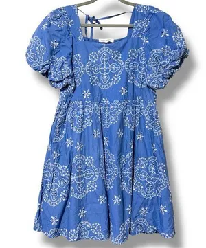 GOODNIGHT MACAROON size large side zip lined square neck blue eyelet dress NWT thumbnail 1
