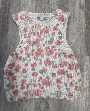 Zara Womens Floral Chunky Knit Sweater Vest‎ Pink Blue Cream Size Medium thumbnail 1