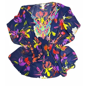 Navy Floral Beaded Bodice Swim Cover Top size Medium Blue thumbnail 2