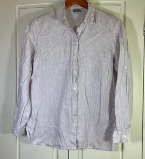 J. Jill Womens Small Linen Button Down Shirt Striped White Burgundy Long Sleeve thumbnail 1