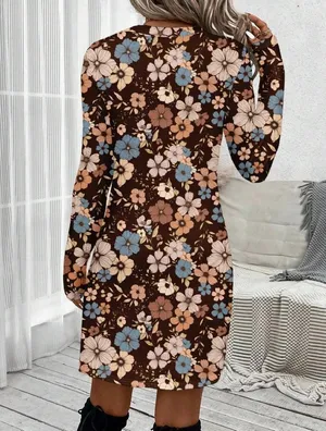 Vintage Brown Floral Long Sleeve Round Neck Dress thumbnail 2