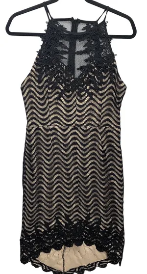Nikibiki Lace‎ Chevron Mini Dress Womens Small Black Tan Halter High Neck D22947 thumbnail 1
