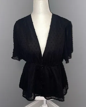 LAYNER Deep V Neck Ruffle Polka Dot Top Pom Pom Peplum Shirt Blouse size large thumbnail 3