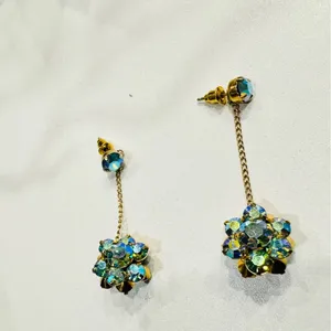 Gold Tone AB Crystal Drop Earrings | Vintage Style Chain Dangle Floral Cluster thumbnail 3