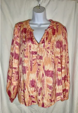 Nicole Miller Woman 2X Boho Tie Dye Peasant Blouse - Orange & Pink Crinkle thumbnail 1