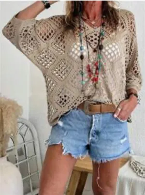 Khaki Open knit Diamond Top Tan Size 2X thumbnail 1