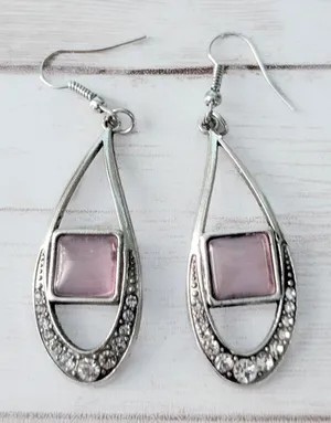 Long Silver Tone, Pink, Clear Gem Dangle Earrings thumbnail 1
