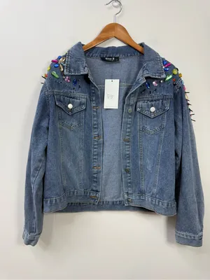 Blue B Collection Denim Jacket with Colorful Rhinestones and Spikes, Size M thumbnail 12