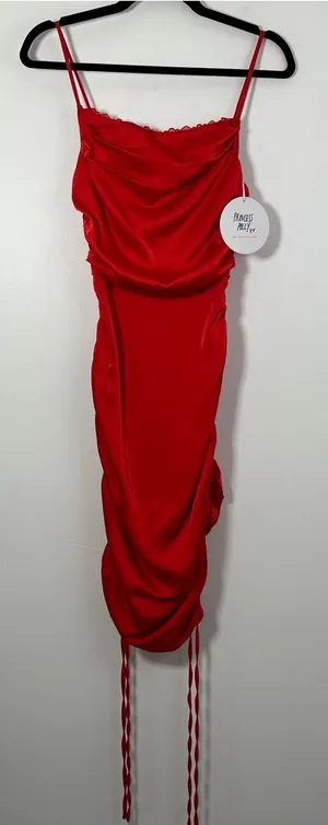 Princess Polly Mateo Mini Dress Red Size US 2 Ruched Satin Cowl Neck NWT thumbnail 1