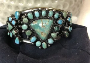 Navajo Indian 70 grams Sterling Silver Turquoise Cluster Bracelet Signed thumbnail 1