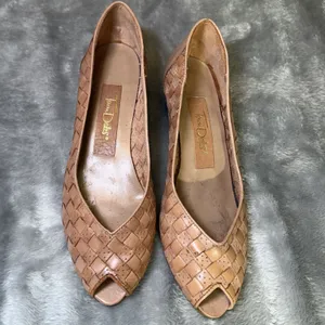 Vintage Town Dales Womens Size 7.5 Tan Woven Leather Peep Toe Shoes Flats Wedge thumbnail 3