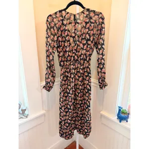 Reformation Floral Midi Dress Tie Neck Long‎ Sleeve Slit Black Size 0 thumbnail 3