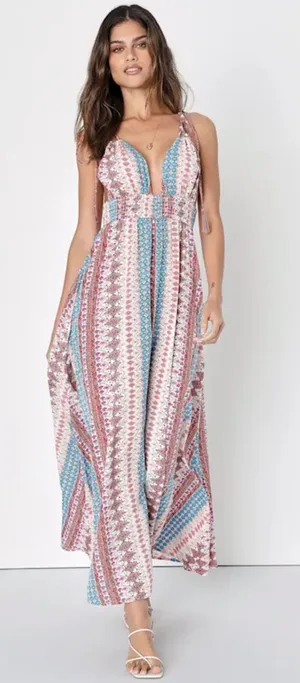 Lulus Maxin' Relaxin' Blue Multi Print Sleeveless Tie-Strap Maxi Dress thumbnail 1