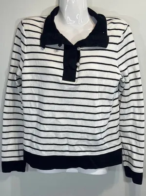 LAUREN RALPH LAUREN Women Striped Button Neck Polo Shirt SMALL Preppy‎ Nautical thumbnail 1