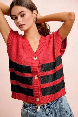 BiBi Game Day Theme Stripe Buttoned V Neck Knit Cardigan - Red/Black - Large thumbnail 1