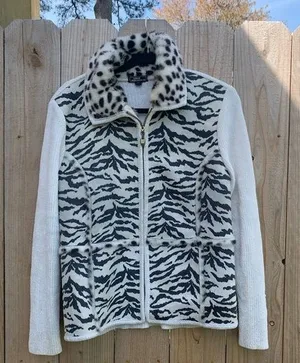 Lisa‎ International Cream Spots Faux Fur Suede Sweater Jacket Sz small zebra thumbnail 1