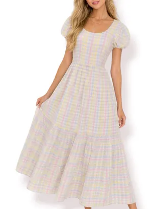 Vintage 70s Pastel Gingham Smocked Maxi Dress‎ Puff Sleeve Cottagecore Romantic thumbnail 1
