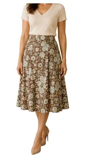 Lapis Floral Skirt Womens Size L Brown Blue A Line Pull On Mid Rise Flowy Comfy thumbnail 1