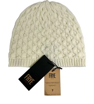Frye White Cable Knit Beanie Hat Leather Logo Patch One Size thumbnail 1