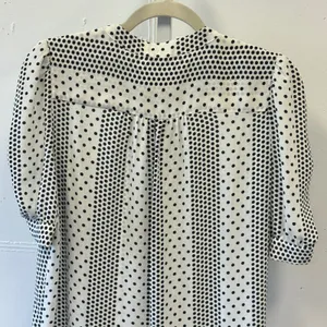 Tahari Womens Polka Dot Striped Blouse Black White Ruched Puff Sleeve Medium thumbnail 5
