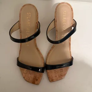 Stuart Weitzman Aleena Wedge Slide Sandal Size 6 Black Patent Cork Wedges thumbnail 3