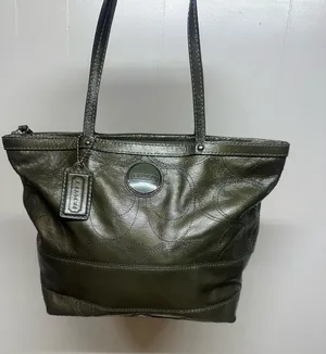 COACH Olive Leather Tote with Signature Charm thumbnail 1