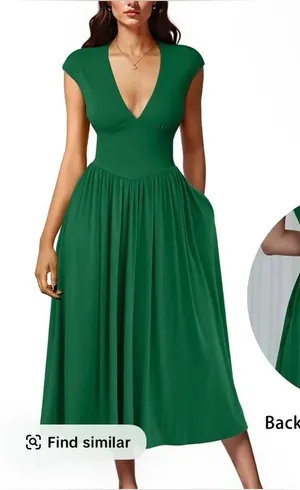 OYS Women's Deep V Neck Cap Sleeve Pleated Swing A Line Midi Dress thumbnail 1